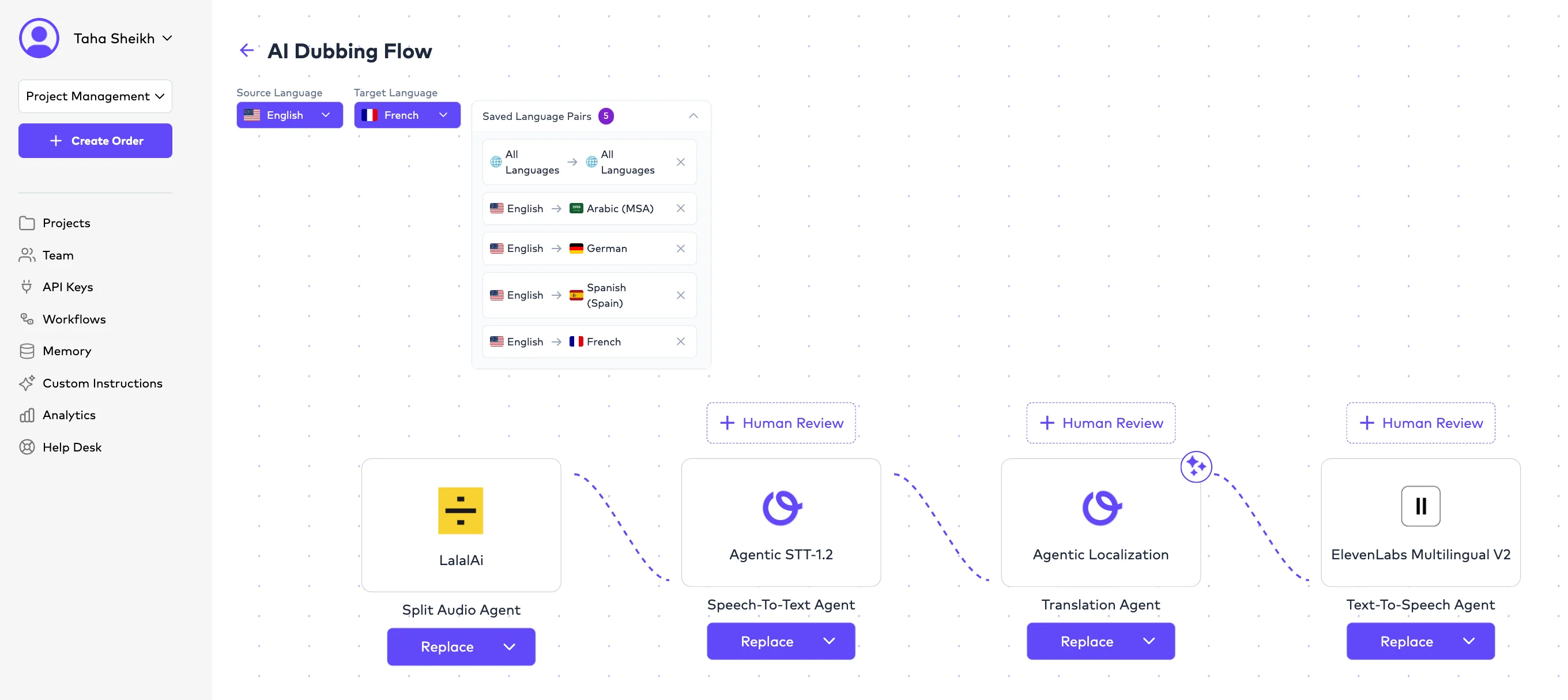 Ollang workflow automation builder with connected pipeline stages